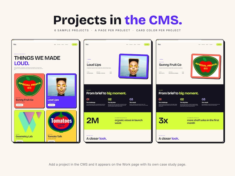 Pu&ograve; includere: Un'interfaccia digitale che mostra tre layout di pagine web intitolati Projects in the CMS. Gli schermi presentano schede di progetto colorate con testo che include Sunny Fruit Co, Loud Lips, Geometry Lab e Tomato Talk, insieme a metriche come 2M organic views e 3x more shelf sales.