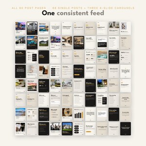 May include: A collection of 80 social media post templates arranged in a grid, featuring a neutral color palette of black, white, and beige. The text at the top reads: ALL 80 POST PAGES - 68 SINGLE POSTS + THREE 4-SLIDE CAROUSELS - One consistent feed.