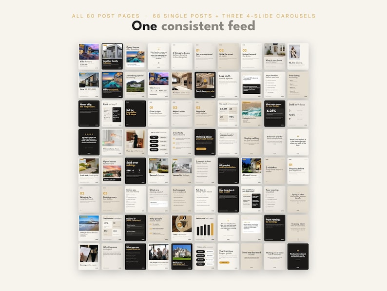 May include: A collection of 80 social media post templates arranged in a grid, featuring a neutral color palette of black, white, and beige. The text at the top reads: ALL 80 POST PAGES - 68 SINGLE POSTS + THREE 4-SLIDE CAROUSELS - One consistent feed.