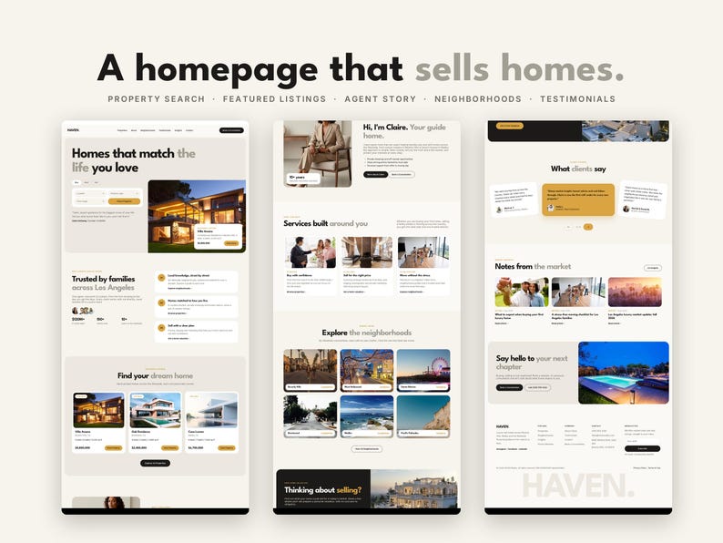 Op de afbeelding: Een website-ontwerplay-out met drie verticale schermen voor een vastgoed-homepage. De tekst luidt A homepage that sells homes, Property Search, Featured Listings, Agent Story, Neighborhoods, Testimonials en Haven.