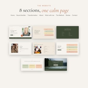 Pode incluir: Uma apresenta&ccedil;&atilde;o de layout de site com o texto THE WEBSITE 8 sections, one calm page e um menu de navega&ccedil;&atilde;o. Oito se&ccedil;&otilde;es retangulares distintas de p&aacute;ginas da web est&atilde;o dispostas em uma grade, mostrando v&aacute;rios layouts, fotos e paletas.