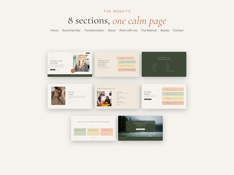 Pode incluir: Uma apresenta&ccedil;&atilde;o de layout de site com o texto THE WEBSITE 8 sections, one calm page e um menu de navega&ccedil;&atilde;o. Oito se&ccedil;&otilde;es retangulares distintas de p&aacute;ginas da web est&atilde;o dispostas em uma grade, mostrando v&aacute;rios layouts, fotos e paletas.