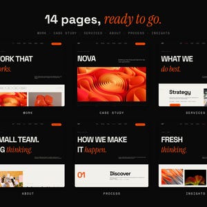 Peut inclure: Une pr&eacute;sentation num&eacute;rique de 14 pages de site web sur fond noir avec du texte blanc et orange. La mise en page affiche des sections intitul&eacute;es Work, Case Study, Services, About, Process et Insights, pr&eacute;sentant divers &eacute;l&eacute;ments de design.