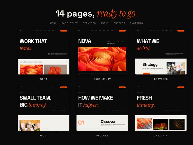 Peut inclure: Une pr&eacute;sentation num&eacute;rique de 14 pages de site web sur fond noir avec du texte blanc et orange. La mise en page affiche des sections intitul&eacute;es Work, Case Study, Services, About, Process et Insights, pr&eacute;sentant divers &eacute;l&eacute;ments de design.
