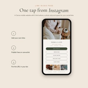 Pode incluir: Um modelo de site m&oacute;vel digital para Instagram com o texto One tap from Instagram, Link in bio page e Emma Lane. A interface inclui um cabe&ccedil;alho com foto, cinco bot&otilde;es de link horizontais, uma tira de fotos e &iacute;cones de redes sociais.