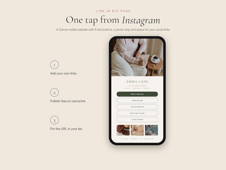 Pode incluir: Um modelo de site m&oacute;vel digital para Instagram com o texto One tap from Instagram, Link in bio page e Emma Lane. A interface inclui um cabe&ccedil;alho com foto, cinco bot&otilde;es de link horizontais, uma tira de fotos e &iacute;cones de redes sociais.
