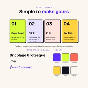 May include: A four-step instructional graphic titled Simple to make yours, featuring numbered boxes in lime green, light purple, peach, and yellow. Below, the text lists fonts Bricolage Grotesque, Inter, and Caveat, alongside a color palette of six squares.
