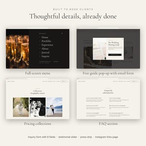 May include: A website template display featuring four distinct sections: a full-screen menu with navigation links, a pop-up window for a wedding planning guide with an email form, a pricing collections page with three photos, and an FAQ section.