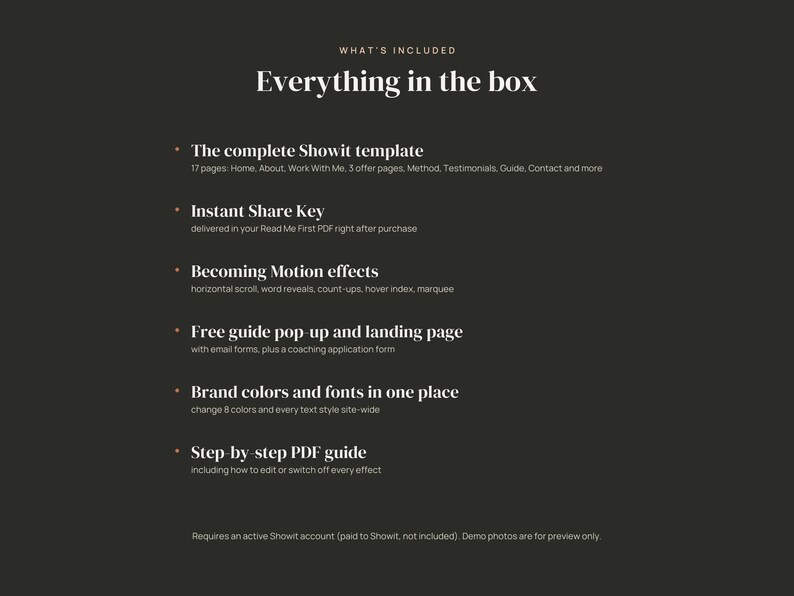 May include: A dark gray informational graphic titled Everything in the box, listing features of a Showit template including 17 pages, an instant share key, motion effects, a guide pop-up, brand color and font settings, and a step-by-step PDF guide.
