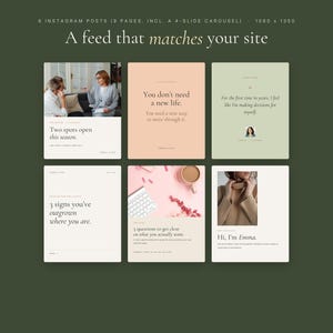 Pode incluir: Um conjunto de modelos digitais para seis publica&ccedil;&otilde;es no Instagram sobre um fundo verde escuro com o texto A feed that matches your site. O layout inclui v&aacute;rios designs com cores pastel suaves, tipografia e imagens de pessoas e objetos.