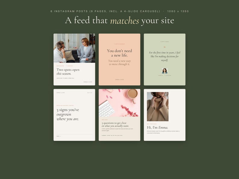 Pode incluir: Um conjunto de modelos digitais para seis publica&ccedil;&otilde;es no Instagram sobre um fundo verde escuro com o texto A feed that matches your site. O layout inclui v&aacute;rios designs com cores pastel suaves, tipografia e imagens de pessoas e objetos.