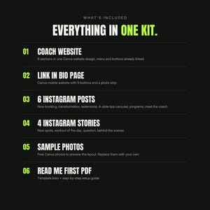 May include: A digital product kit list on a black background with white and lime green text. It details six components: a coach website, a link in bio page, six Instagram posts, four Instagram stories, sample photos, and a read me first PDF guide.