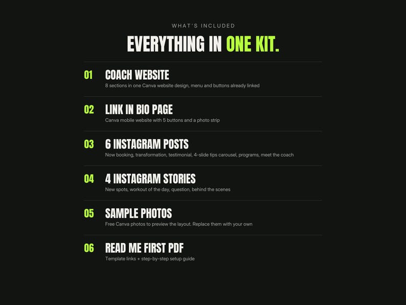 May include: A digital product kit list on a black background with white and lime green text. It details six components: a coach website, a link in bio page, six Instagram posts, four Instagram stories, sample photos, and a read me first PDF guide.