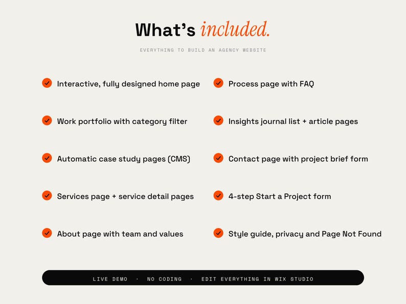 Peut inclure: Une liste num&eacute;rique intitul&eacute;e What's included. Everything to build an agency website. Elle comprend une page d'accueil interactive, un portfolio, des &eacute;tudes de cas, des services, une page &agrave; propos, un processus, un journal, un contact et des formulaires.
