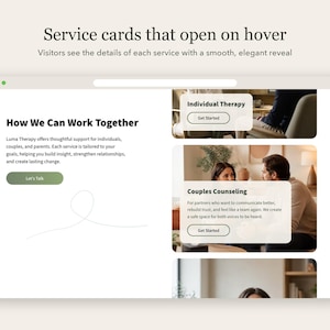 Pode incluir: Um design de interface de site apresentando o texto Service cards that open on hover e How We Can Work Together. O layout inclui um bot&atilde;o verde rotulado Let's Talk e dois cart&otilde;es retangulares intitulados Individual Therapy e Couples Counseling.