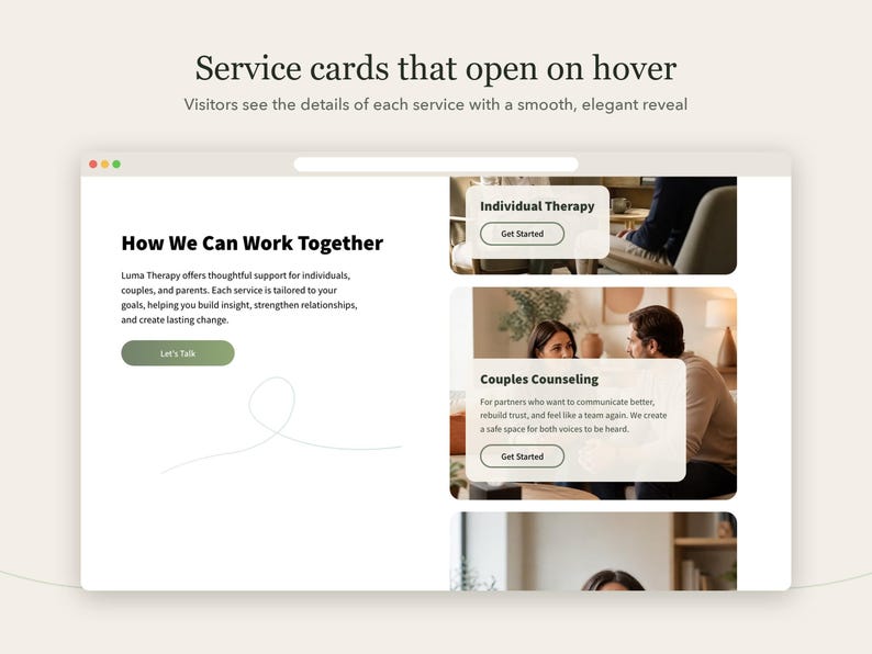 Pode incluir: Um design de interface de site apresentando o texto Service cards that open on hover e How We Can Work Together. O layout inclui um bot&atilde;o verde rotulado Let's Talk e dois cart&otilde;es retangulares intitulados Individual Therapy e Couples Counseling.