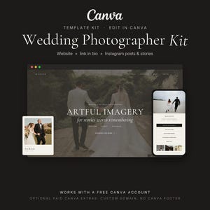 May include: A Canva template kit for a wedding photographer featuring a website layout, a mobile interface, and a social media post. The design displays the text Wedding Photographer Kit, Artful Imagery for stories worth remembering, and Ava & Leo.