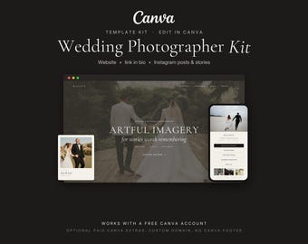 May include: A Canva template kit for a wedding photographer featuring a website layout, a mobile interface, and a social media post. The design displays the text Wedding Photographer Kit, Artful Imagery for stories worth remembering, and Ava & Leo.