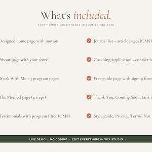 May include: A digital product feature list titled What's included. EVERYTHING A COACH NEEDS TO LOOK ESTABLISHED. It lists ten items with checkmarks: Designed home page with motion, About page, Work With Me, The Method page, Testimonials, Journal list, Coaching application, Free guide page, Thank You page, and Style guide. A dark green button at the bottom reads LIVE DEMO, NO CODING, EDIT EVERYTHING IN WIX STUDIO.