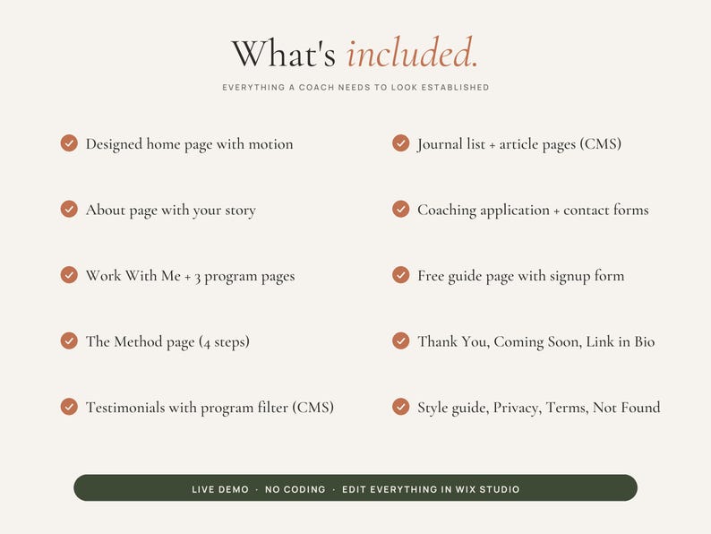 May include: A digital product feature list titled What's included. EVERYTHING A COACH NEEDS TO LOOK ESTABLISHED. It lists ten items with checkmarks: Designed home page with motion, About page, Work With Me, The Method page, Testimonials, Journal list, Coaching application, Free guide page, Thank You page, and Style guide. A dark green button at the bottom reads LIVE DEMO, NO CODING, EDIT EVERYTHING IN WIX STUDIO.