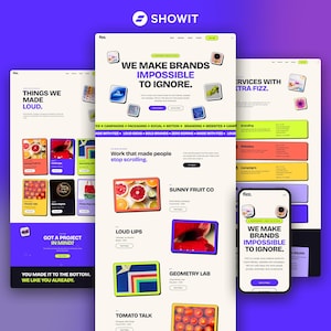 May include: A digital display of three website layouts and a mobile interface for the brand Fizz, featuring a white background with purple and lime green accents. The text reads We Make Brands Impossible To Ignore and Things We Made Loud.