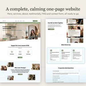 Pode incluir: Uma exibi&ccedil;&atilde;o digital de um modelo de site de uma p&aacute;gina intitulado A complete, calming one-page website. O layout inclui se&ccedil;&otilde;es para hero, servi&ccedil;os, sobre, depoimentos, FAQ e formul&aacute;rio de contato em tons de verde e branco.