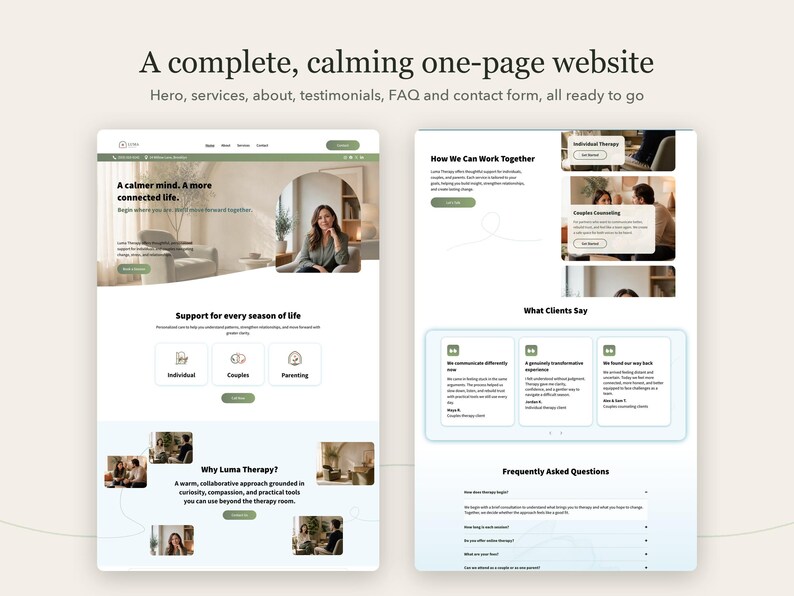 Pode incluir: Uma exibi&ccedil;&atilde;o digital de um modelo de site de uma p&aacute;gina intitulado A complete, calming one-page website. O layout inclui se&ccedil;&otilde;es para hero, servi&ccedil;os, sobre, depoimentos, FAQ e formul&aacute;rio de contato em tons de verde e branco.