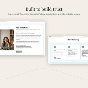 Pode incluir: Um mockup digital de um site de terapeuta com o texto Built to build trust e A personal Meet the therapist story, credentials and client testimonials. O layout inclui um perfil profissional para Elena Hart e uma se&ccedil;&atilde;o intitulada What Clients Say com tr&ecirc;s caixas de depoimentos.