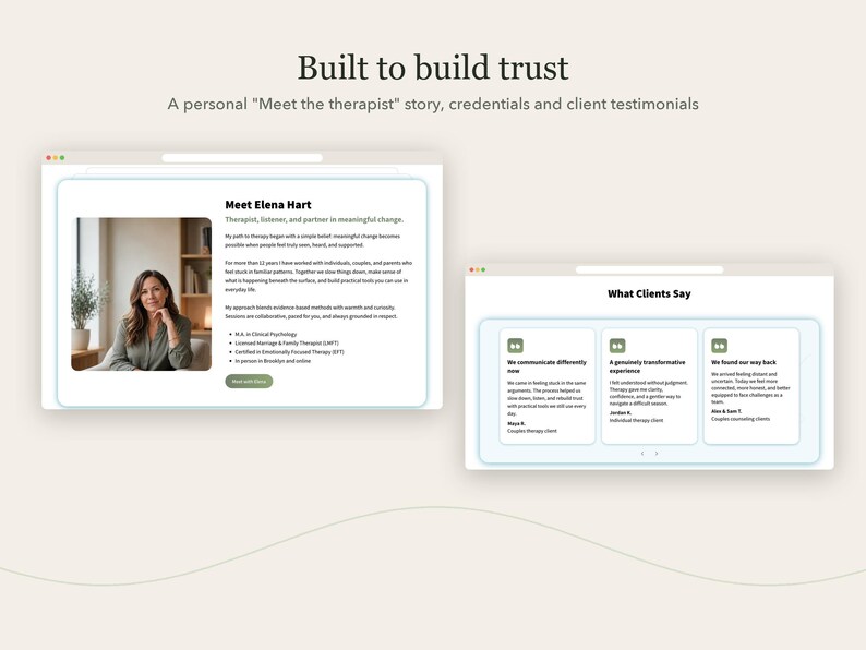 Pode incluir: Um mockup digital de um site de terapeuta com o texto Built to build trust e A personal Meet the therapist story, credentials and client testimonials. O layout inclui um perfil profissional para Elena Hart e uma se&ccedil;&atilde;o intitulada What Clients Say com tr&ecirc;s caixas de depoimentos.