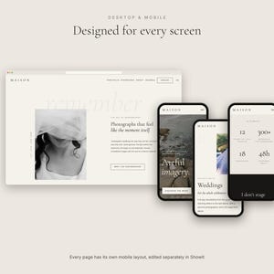 May include: A website layout display featuring a desktop browser window and three mobile phone screens showing the Maison brand interface. The design includes text such as Designed for every screen, Maison, and Artful imagery on a light background.