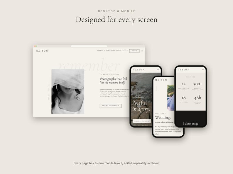 May include: A website layout display featuring a desktop browser window and three mobile phone screens showing the Maison brand interface. The design includes text such as Designed for every screen, Maison, and Artful imagery on a light background.
