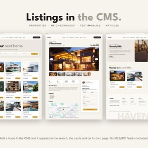 Op de afbeelding: Drie website-interface-mockups met vastgoedvermeldingen. De bovenste tekst luidt Listings in the CMS. Properties, Neighborhoods, Testimonials, Articles. De onderste tekst luidt Add a home in the CMS and it appears in the search.
