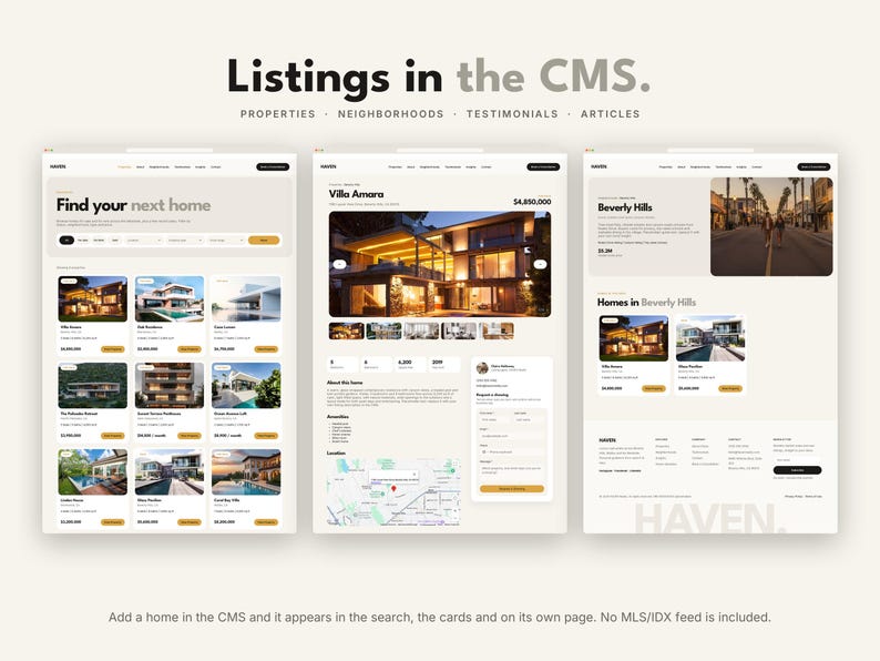 Op de afbeelding: Drie website-interface-mockups met vastgoedvermeldingen. De bovenste tekst luidt Listings in the CMS. Properties, Neighborhoods, Testimonials, Articles. De onderste tekst luidt Add a home in the CMS and it appears in the search.