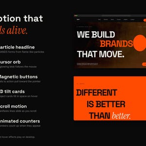 Peut inclure: Une pr&eacute;sentation de design num&eacute;rique avec le texte Motion that feels alive. Elle liste six fonctionnalit&eacute;s web interactives dont Particle headline, Cursor orb, Magnetic buttons, 3D tilt cards, Scroll motion et Animated counters avec deux maquettes.