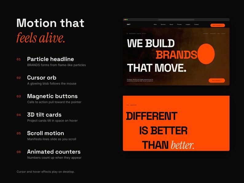 Peut inclure: Une pr&eacute;sentation de design num&eacute;rique avec le texte Motion that feels alive. Elle liste six fonctionnalit&eacute;s web interactives dont Particle headline, Cursor orb, Magnetic buttons, 3D tilt cards, Scroll motion et Animated counters avec deux maquettes.