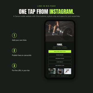 May include: A digital template for a mobile link-in-bio page featuring a smartphone display with a dark theme, lime green accents, and the text "ONE TAP FROM INSTAGRAM." The interface includes five link buttons, a photo strip, and social icons.