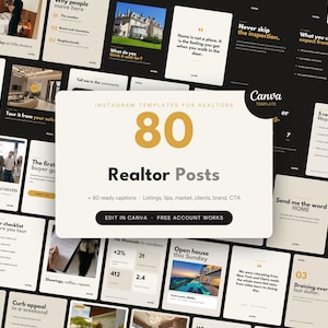 May include: A collection of 80 Instagram templates for realtors, featuring a central white card with the text 80 Realtor Posts, Canva Template, and Edit in Canva. The background displays various social media post layouts with beige and black themes.