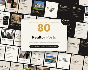 Puede incluir: Una colección de 80 plantillas de Instagram para agentes inmobiliarios, con una tarjeta central blanca que incluye el texto 80 Realtor Posts, Canva Template y Edit in Canva. El fondo muestra varios diseños de redes sociales en tonos beige y negro.