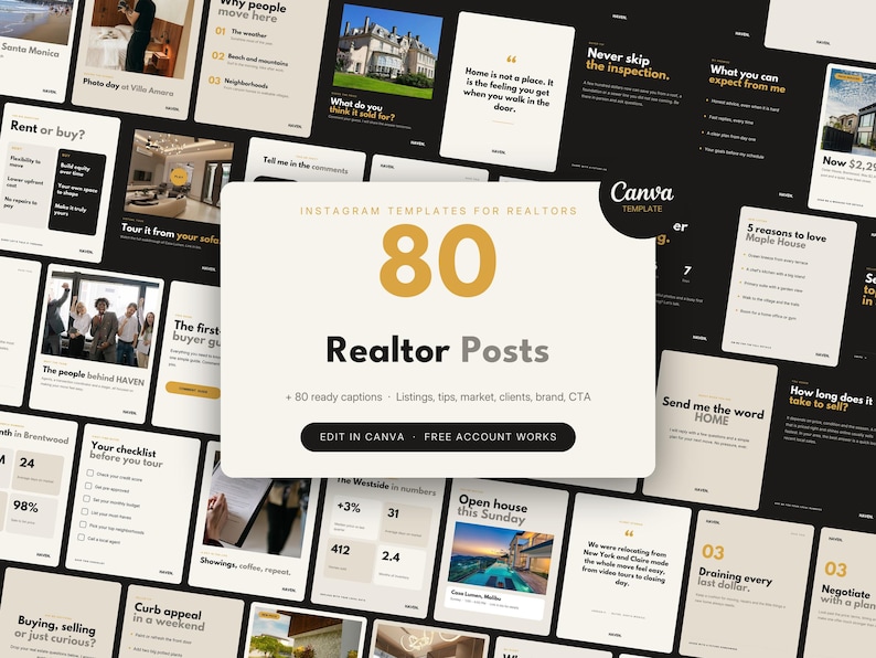 May include: A collection of 80 Instagram templates for realtors, featuring a central white card with the text 80 Realtor Posts, Canva Template, and Edit in Canva. The background displays various social media post layouts with beige and black themes.