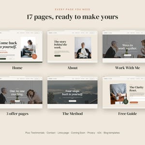 May include: A collection of 17 website page templates featuring a neutral color palette. The layout displays six distinct page designs labeled Home, About, Work With Me, 3 offer pages, The Method, and Free Guide, with additional text listing templates.