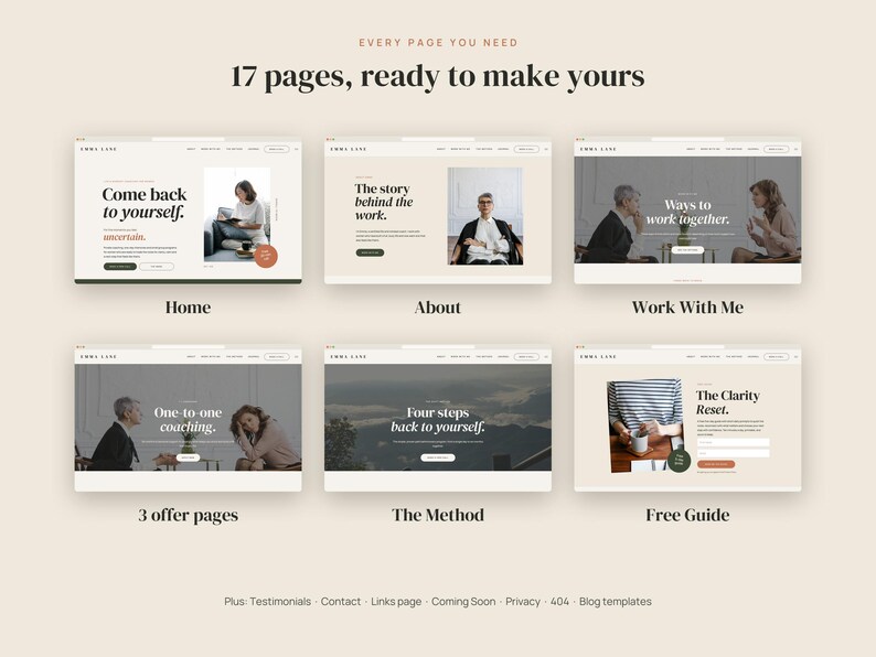 May include: A collection of 17 website page templates featuring a neutral color palette. The layout displays six distinct page designs labeled Home, About, Work With Me, 3 offer pages, The Method, and Free Guide, with additional text listing templates.