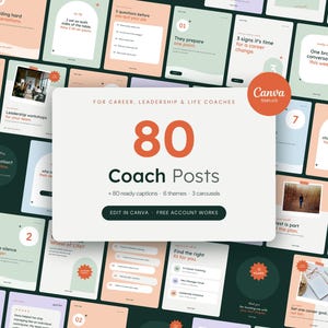 May include: A digital collection of 80 social media post templates for coaches, featuring a central white rectangular card with the text 80 Coach Posts, surrounded by a collage of various pastel-colored graphic design layouts.