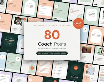Puede incluir: Una colección digital de 80 plantillas de publicaciones para redes sociales para coaches, con una tarjeta rectangular blanca central con el texto 80 Coach Posts, rodeada por un collage de varios diseños en tonos pastel.
