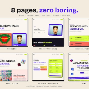 Pu&ograve; includere: Una visualizzazione di un modello di sito web con 8 pagine e il testo 8 pages, zero boring. Il layout include sezioni per lavoro, pagine di progetto, servizi, chi siamo, team, contatti e home page, con vari elementi grafici e design dell'interfaccia.
