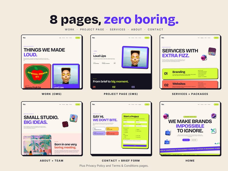 Pu&ograve; includere: Una visualizzazione di un modello di sito web con 8 pagine e il testo 8 pages, zero boring. Il layout include sezioni per lavoro, pagine di progetto, servizi, chi siamo, team, contatti e home page, con vari elementi grafici e design dell'interfaccia.