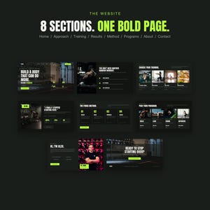 May include: A dark-themed website layout featuring eight distinct sections on a single page. The design uses a black background with bold white text and vibrant lime green accents. Navigation links include Home, Approach, Training, Results, Method, Programs, About, and Contact. The layout displays various fitness-related content blocks, including workout imagery, numbered lists, and programme selection options, all organised in a clean, modern grid structure with high-contrast typography.