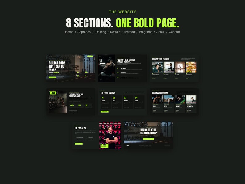 May include: A dark-themed website layout featuring eight distinct sections on a single page. The design uses a black background with bold white text and vibrant lime green accents. Navigation links include Home, Approach, Training, Results, Method, Programs, About, and Contact. The layout displays various fitness-related content blocks, including workout imagery, numbered lists, and programme selection options, all organised in a clean, modern grid structure with high-contrast typography.