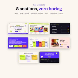 May include: A website layout presentation featuring the text THE WEBSITE 8 sections, zero boring, with navigation links and eight distinct rectangular interface design blocks displaying various color schemes, typography, and graphic elements.