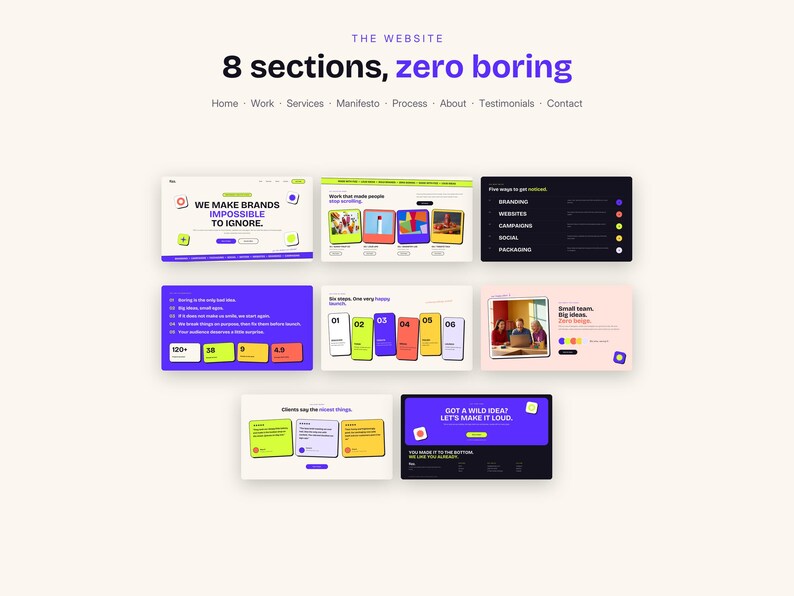May include: A website layout presentation featuring the text THE WEBSITE 8 sections, zero boring, with navigation links and eight distinct rectangular interface design blocks displaying various color schemes, typography, and graphic elements.