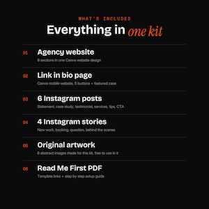 May include: A black digital kit list titled WHAT'S INCLUDED Everything in one kit. It details six items: Agency website, Link in bio page, 6 Instagram posts, 4 Instagram stories, Original artwork, and a Read Me First PDF with setup guide.